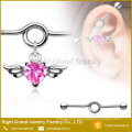 Coeur de rose clair en acier chirurgical CZ aile d’ange Dangle charme oreille Barbell industriel